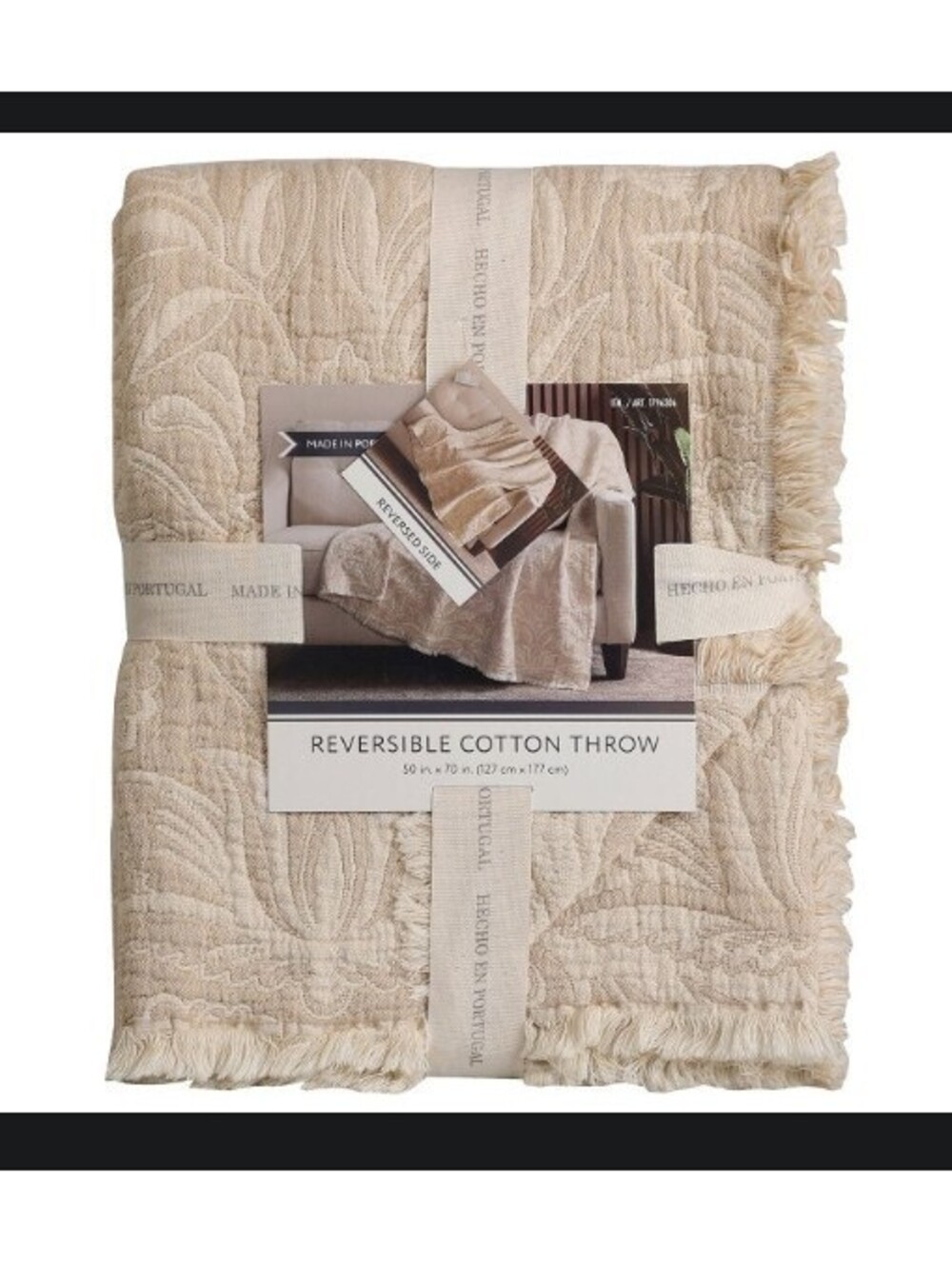 Nemcor Portugal Reversible 100% Cotton Jacquard Floral Beige Throw Blanket NWT